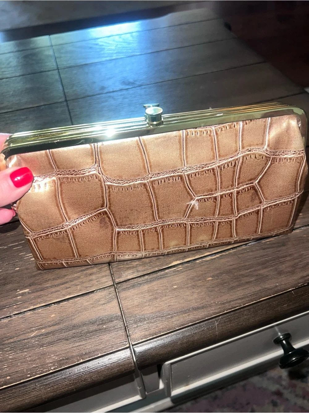 Metallic Bronze Croc-Embossed Frame Clutch by Braciano, like new!